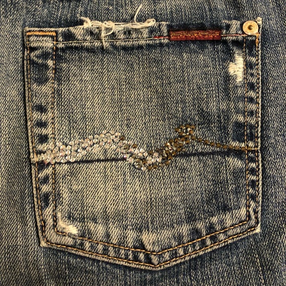 7 For All Mankind Crystal Signature Squiggle Pocket Denim Mini Skirt 26 - Picture 2 of 6